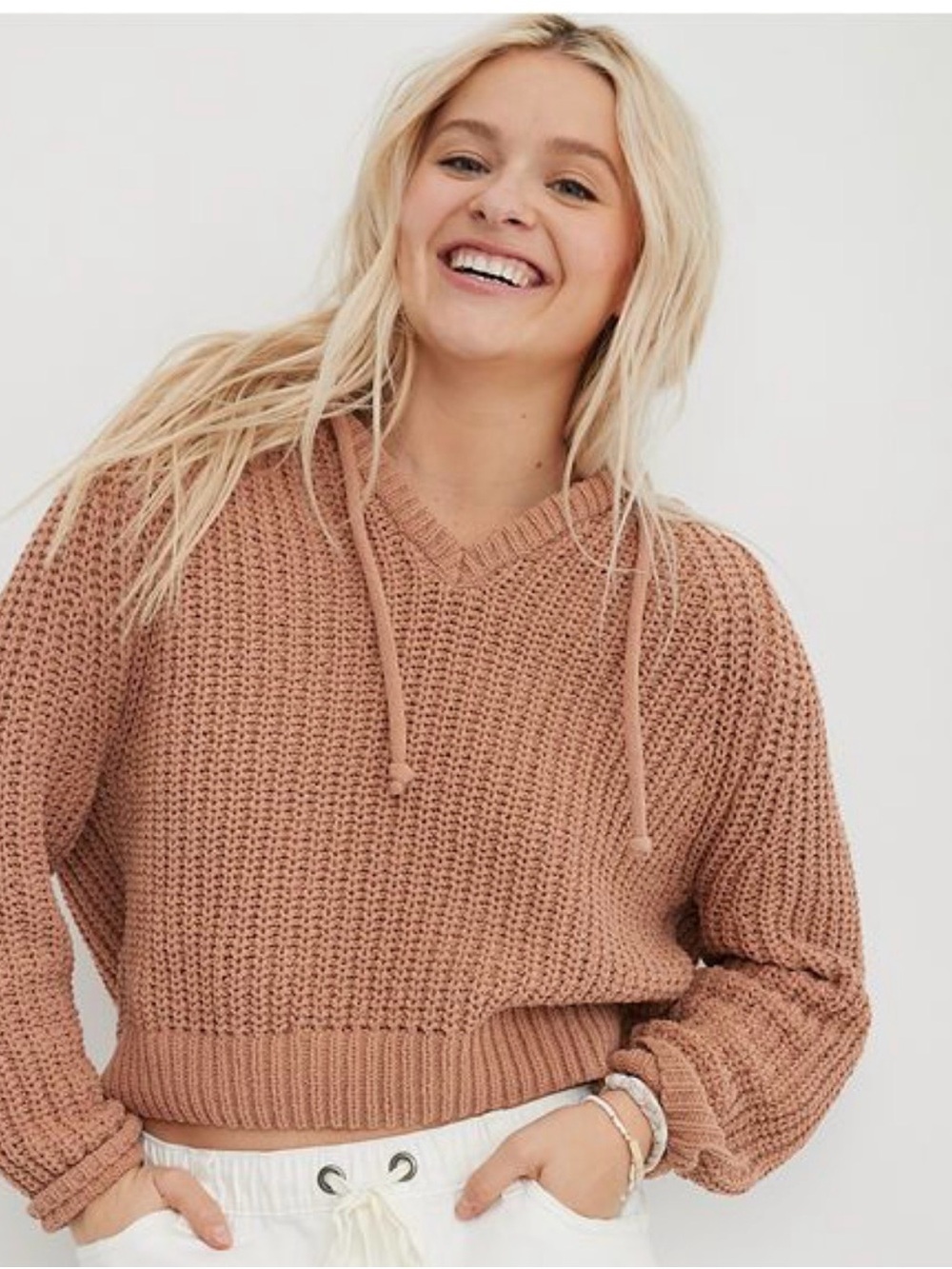 aerie Cropped V-Neck Hoodie Sweater in Warm Taupe
